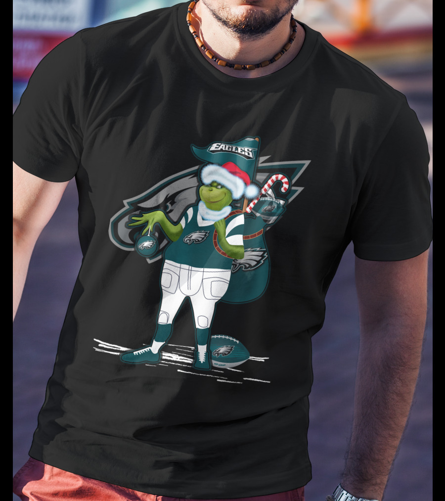 Grinchxmas Philadelphia Eagles Santa Hat Football T-Shirt