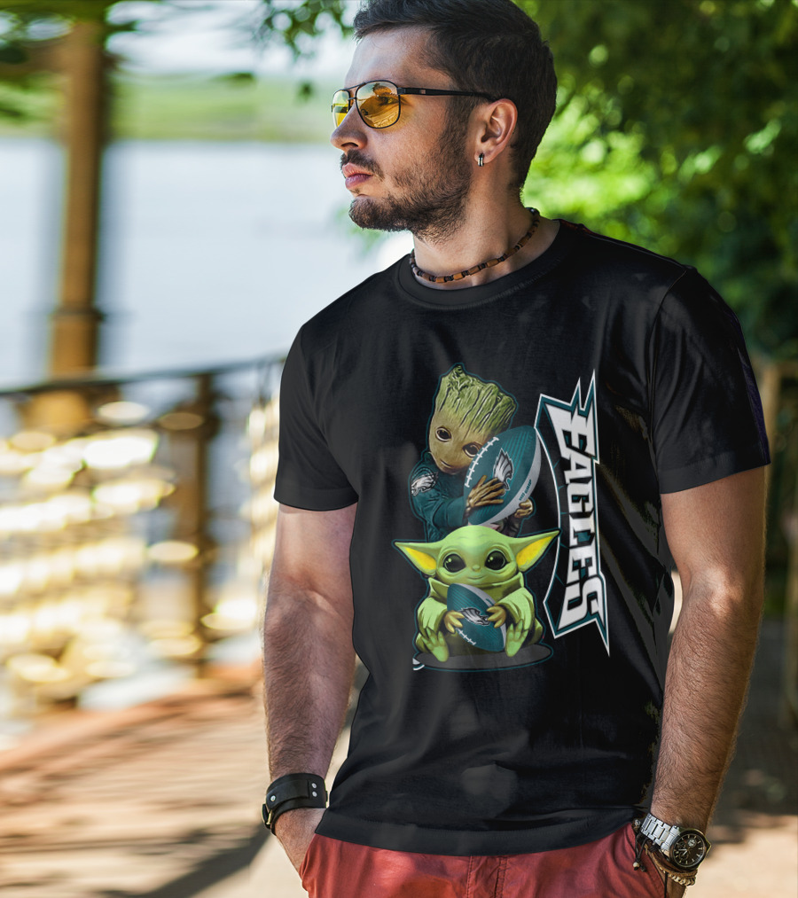 Grzd Philadelphia Eagles Groot Baby Yoda Football T-Shirt