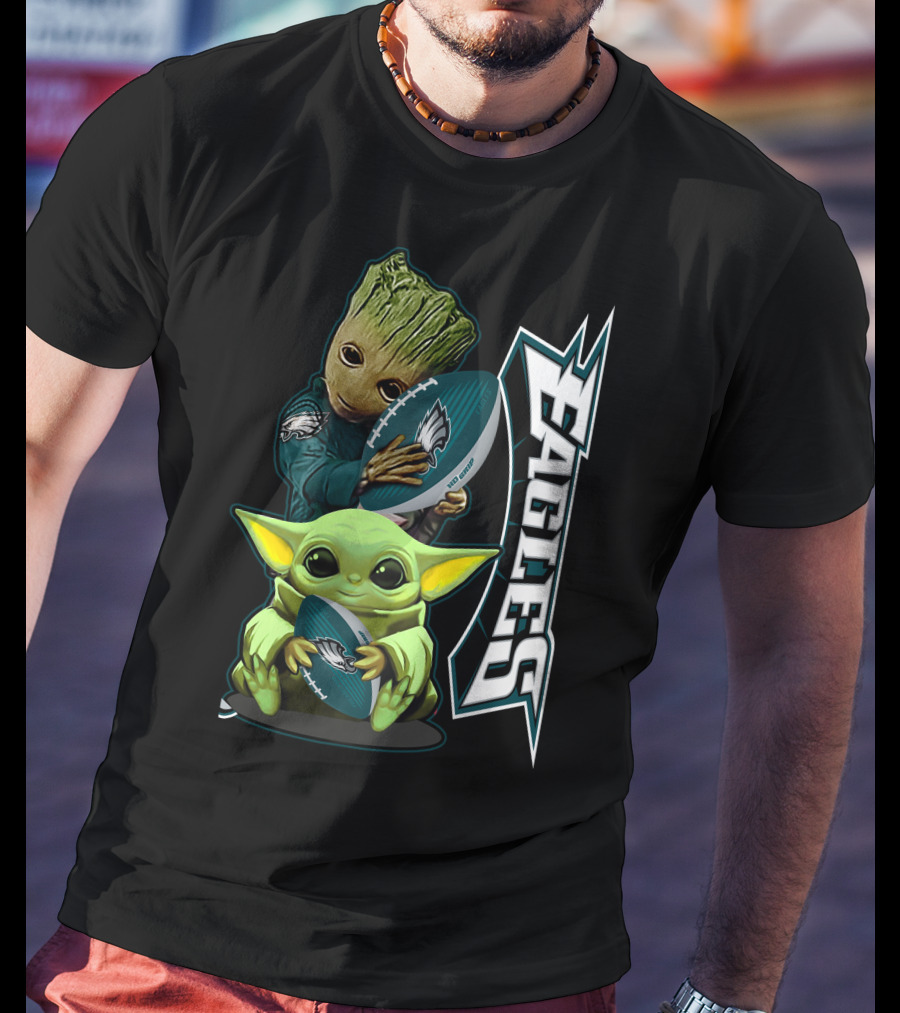 Grzd Philadelphia Eagles Groot Baby Yoda Football T-Shirt