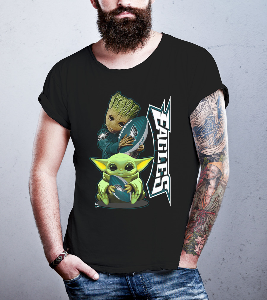 Grzd Philadelphia Eagles Groot Baby Yoda Football T-Shirt