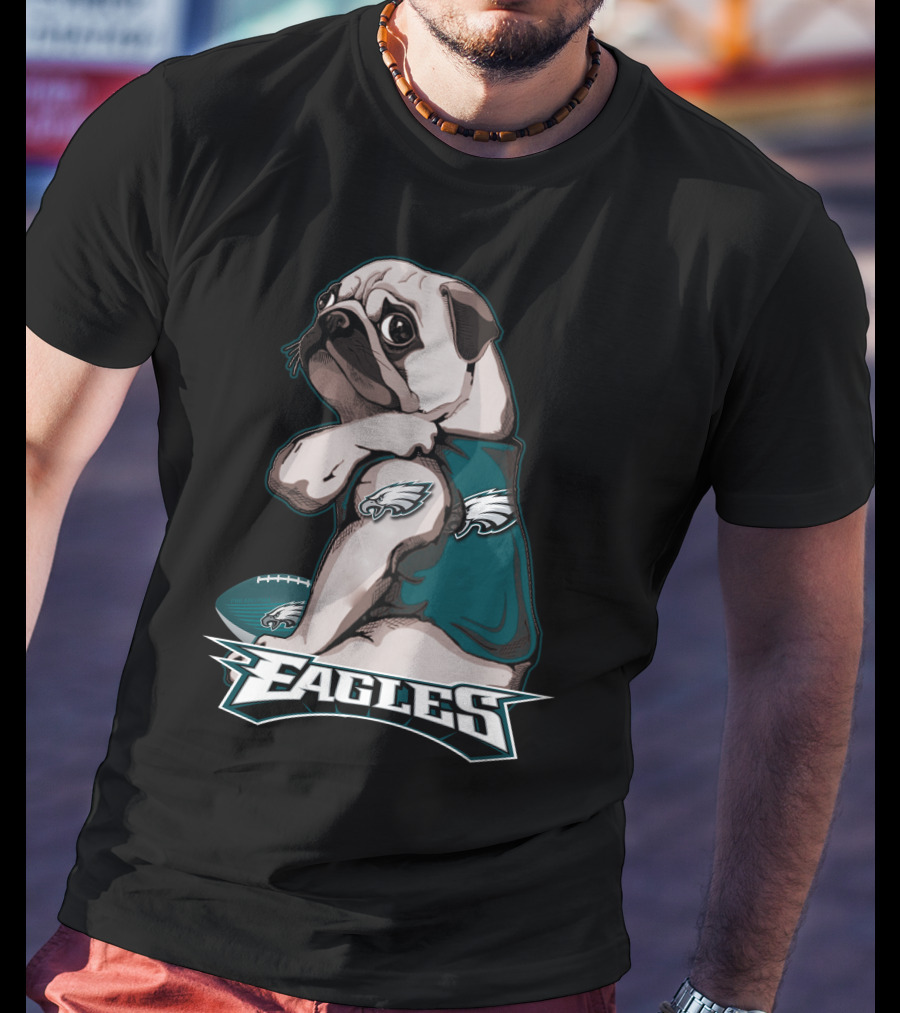 Pug Wearing Eagles Jersey With Football And Eagles Text T-Shirt