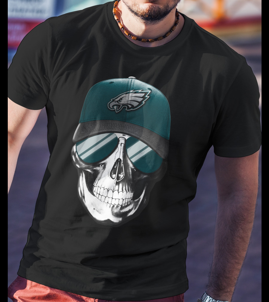 Skull Wearing Philadelphia Eagles Logo Hat And Sunglasses T-Shirt
