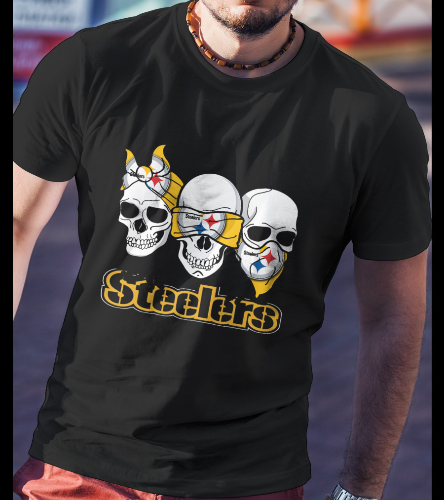 Steelers Skull Trio With Team Logo Bandanas T-Shirt