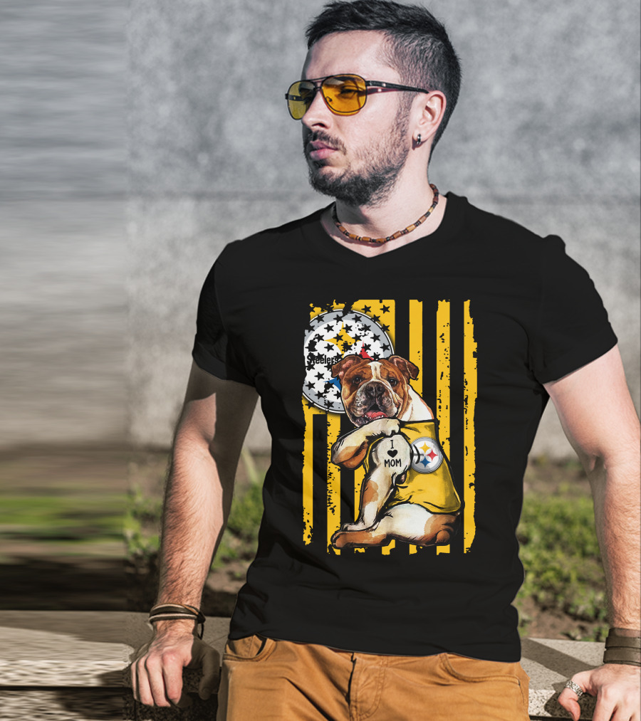 Pittsburgh Steelers Bulldog I Love Mom Stripes T-Shirt