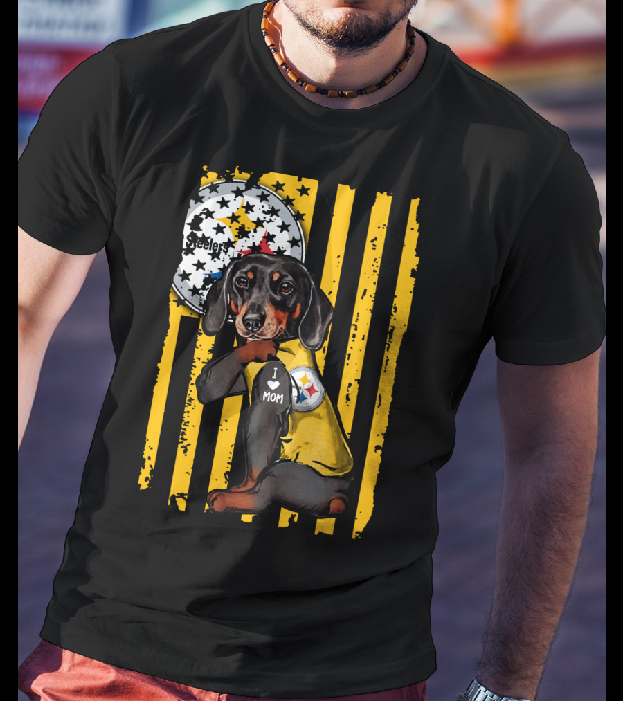Dachshund Steelers I Love Mom Black And Yellow Football Fan T-Shirt