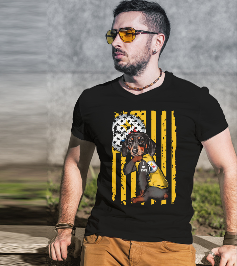 Dachshund Steelers I Love Mom Black And Yellow Football Fan T-Shirt