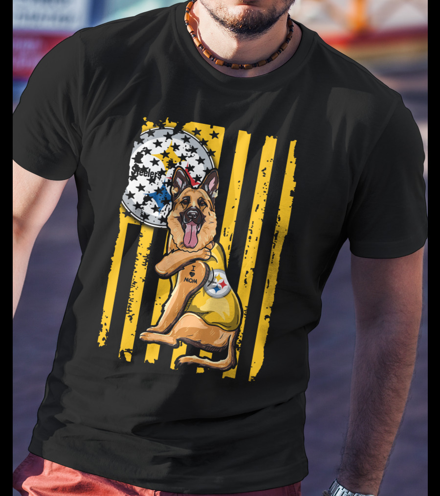 German Shepherd Steelers Fan With I Love Mom Tattoo And Team T-Shirt