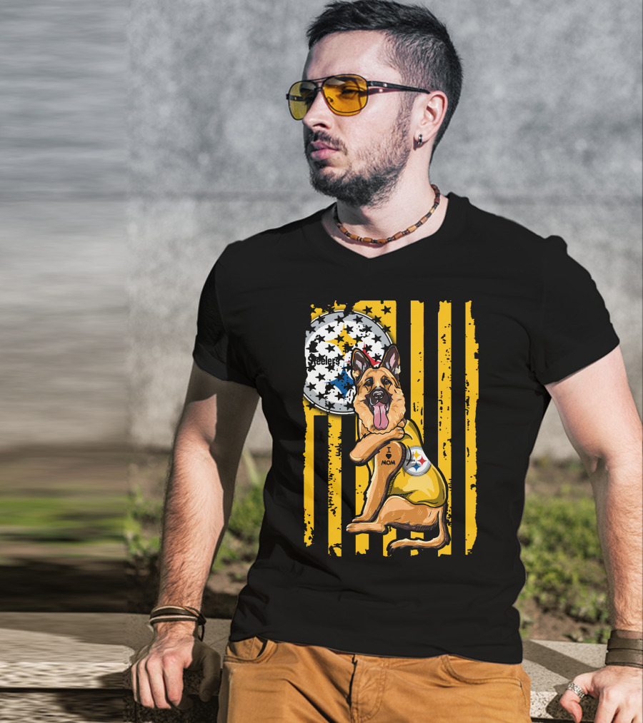 German Shepherd Steelers Fan With I Love Mom Tattoo And Team T-Shirt