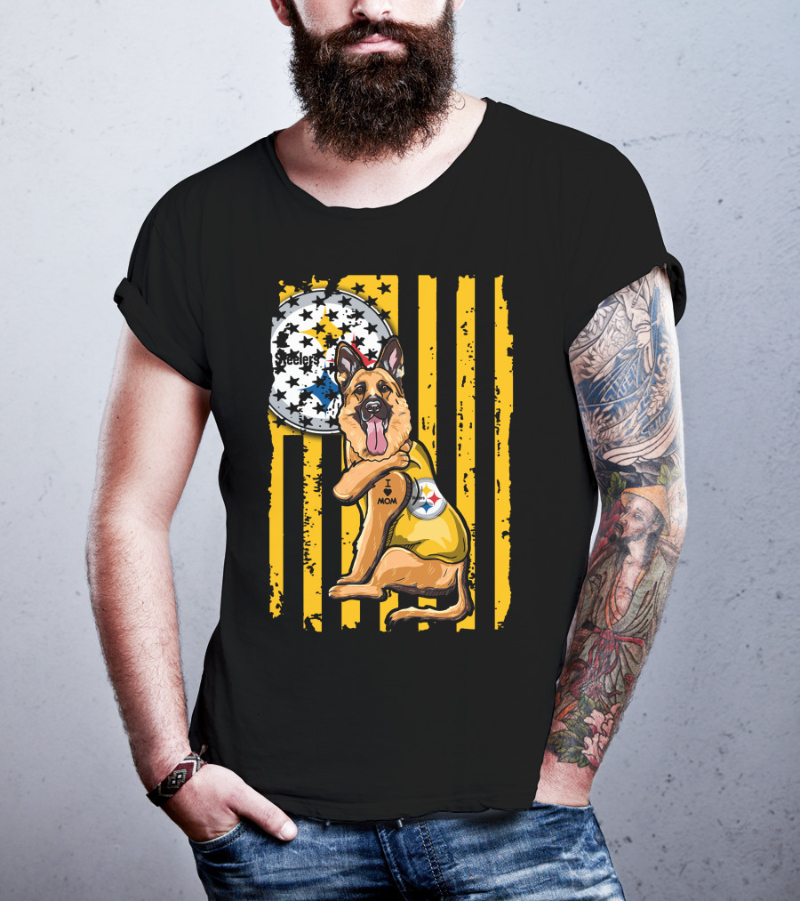 German Shepherd Steelers Fan With I Love Mom Tattoo And Team T-Shirt