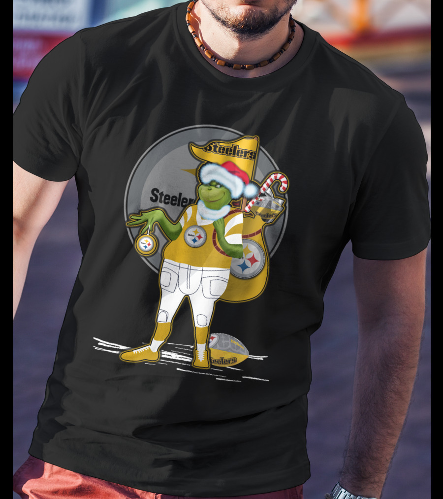 Grinchxmas Pittsburgh Steelers Santa Hat Candy Cane Football Holiday T-Shirt