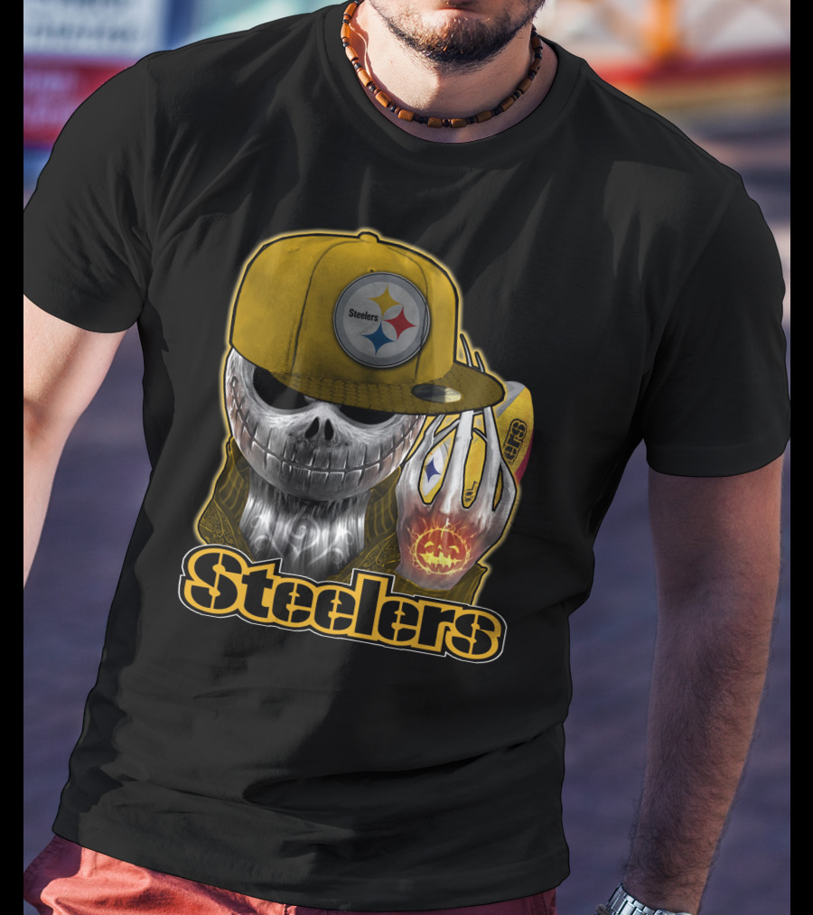 Steelers Skull With Yellow Cap And Pumpkin Hand T-Shirt