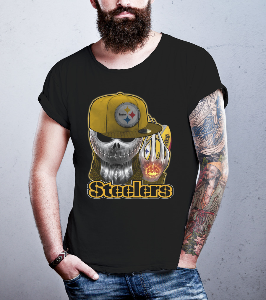 Steelers Skull With Yellow Cap And Pumpkin Hand T-Shirt
