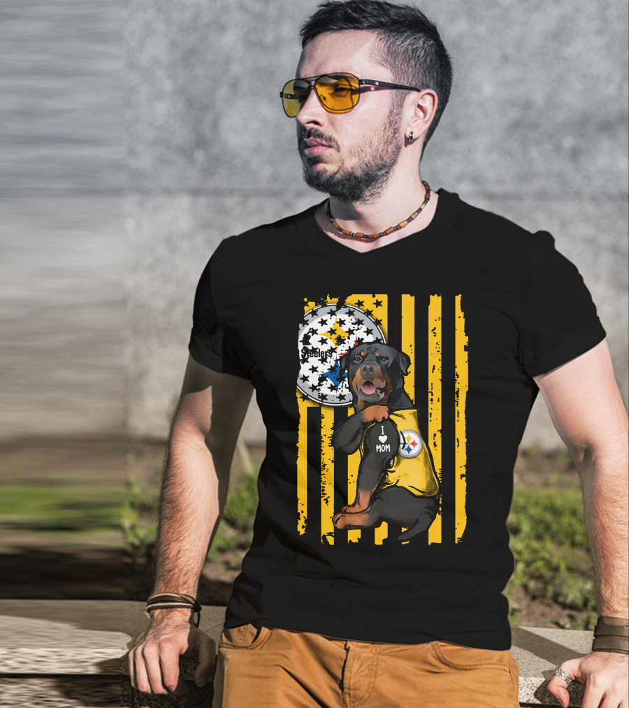 Rottweiler I Love Mom Pittsburgh Steelers Fan Stripes T-Shirt