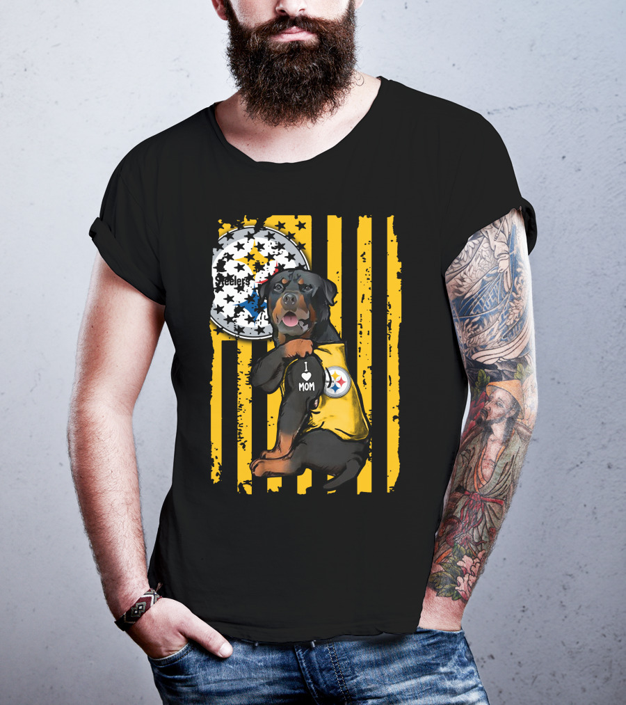 Rottweiler I Love Mom Pittsburgh Steelers Fan Stripes T-Shirt