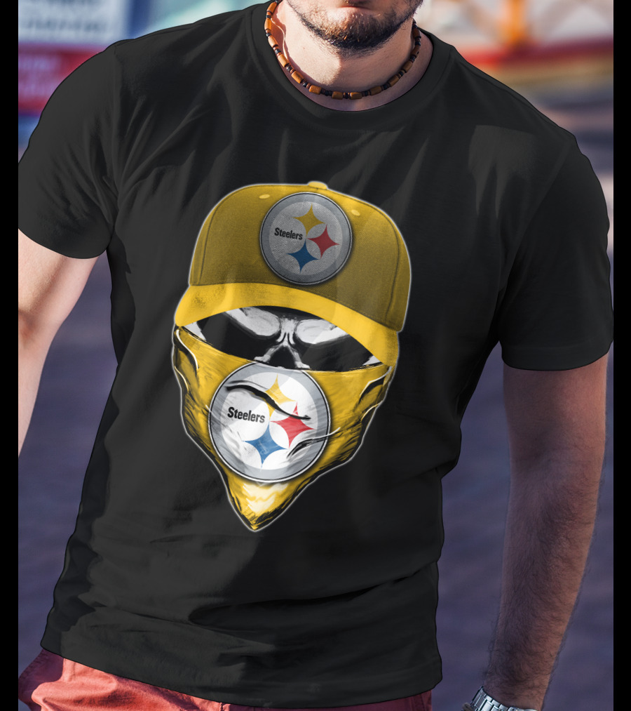 Skull V6 Pittsburgh Steelers Logo With Hat And Bandana T-Shirt