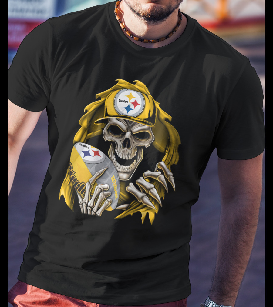 Skullbong Steelers Skeleton With Football And Cap T-Shirt