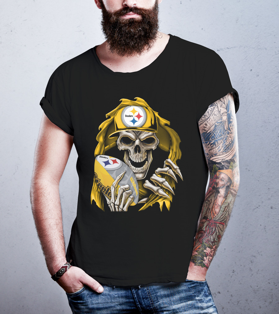 Skullbong Steelers Skeleton With Football And Cap T-Shirt