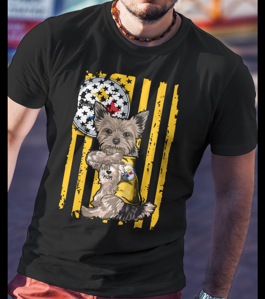 Yorkshire Terrier I Love Mom Pittsburgh Steelers Fan Stripes T-Shirt