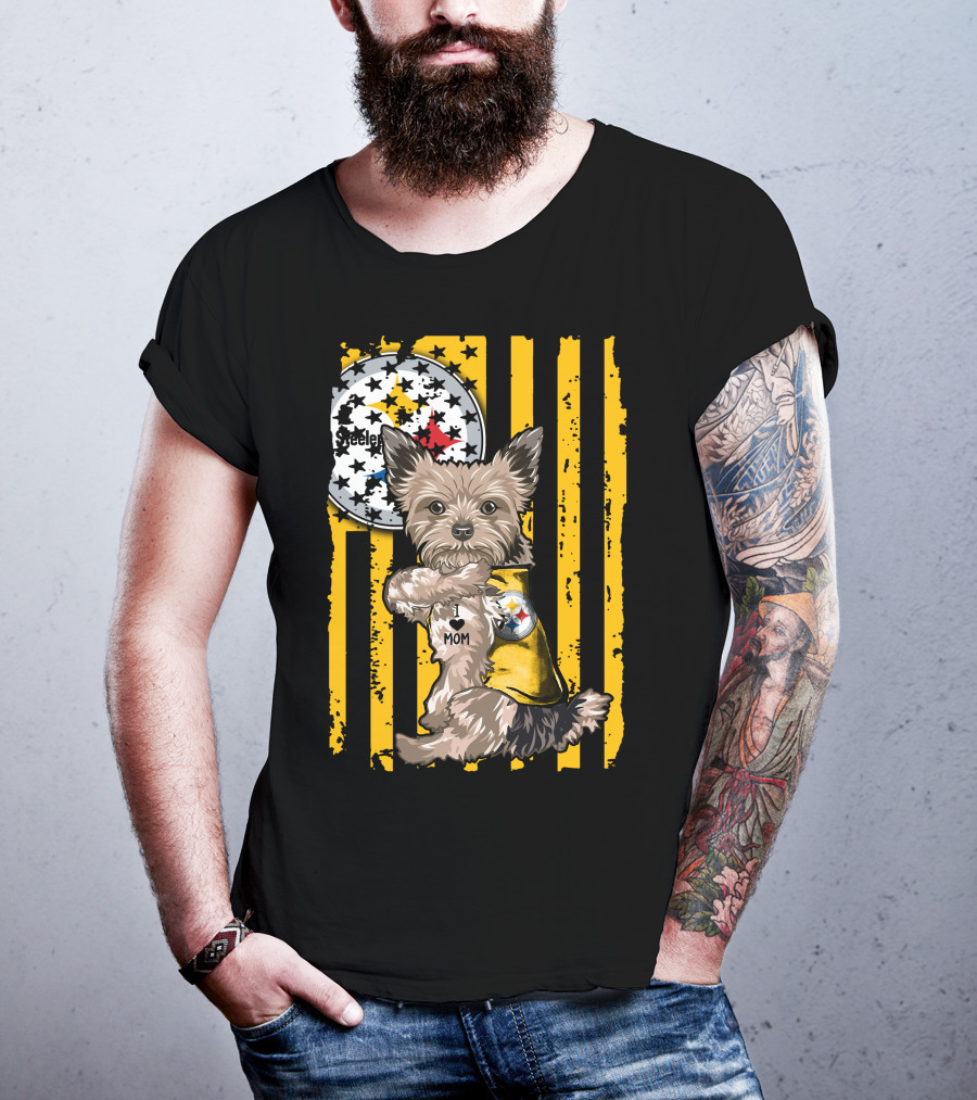 Yorkshire Terrier I Love Mom Pittsburgh Steelers Fan Stripes T-Shirt