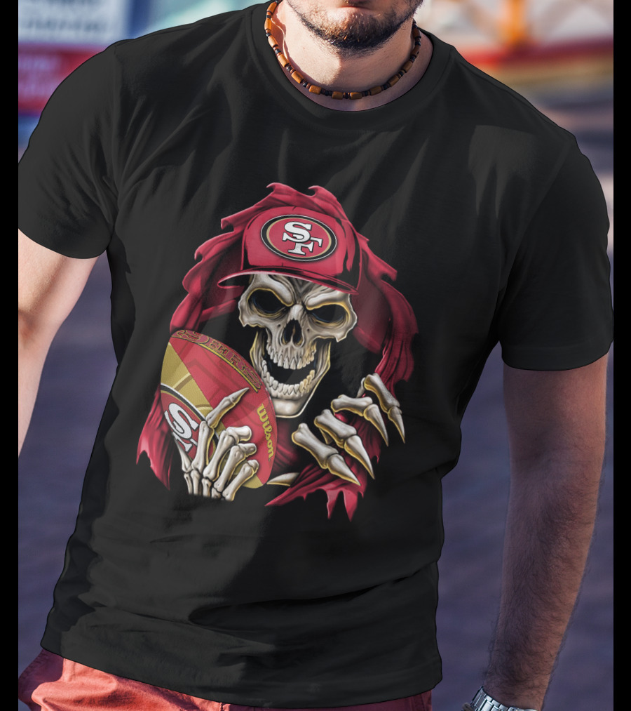 San Francisco 49ers Skull Holding Football With SF Cap T-Shirt