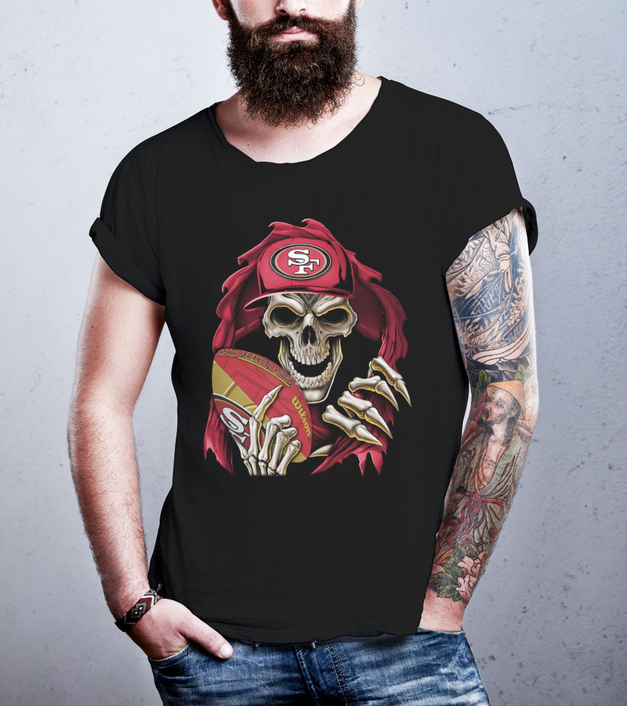 San Francisco 49ers Skull Holding Football With SF Cap T-Shirt