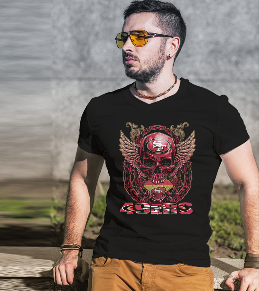 San Francisco 49ers Skull And Wings With Chains And Football T-Shirt