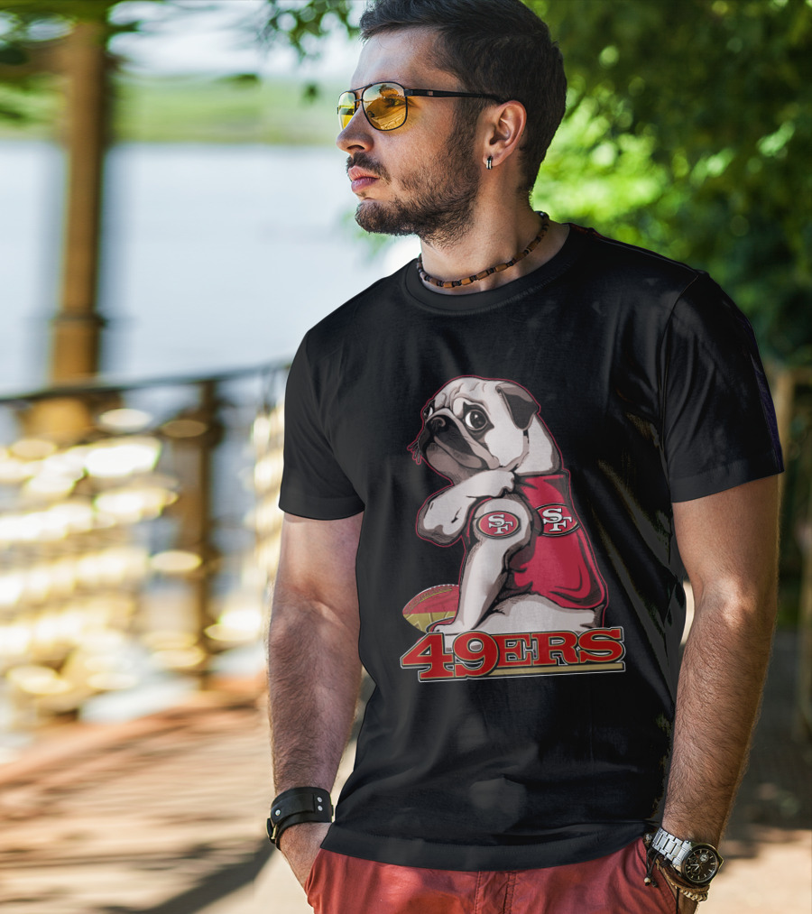 Pug Wearing San Francisco 49ers Gear With Football T-Shirt