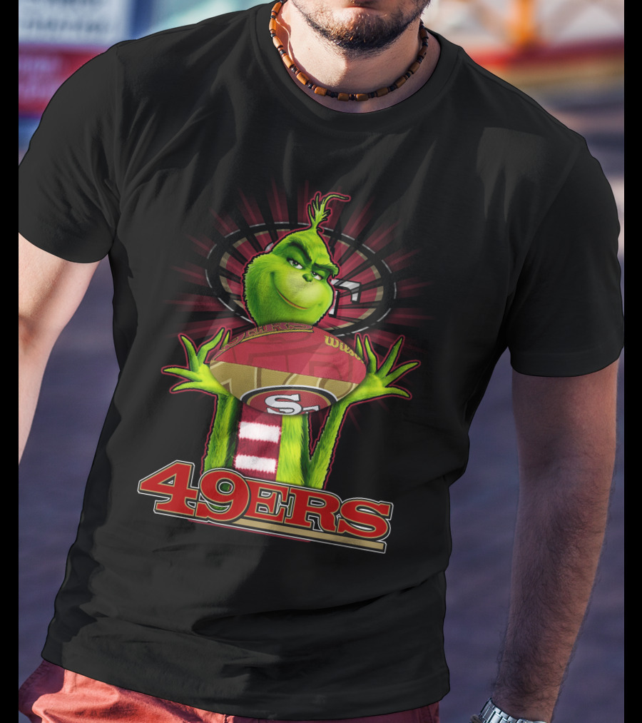 Grinch Holding Football San Francisco 49ers Logo 49ers T-Shirt