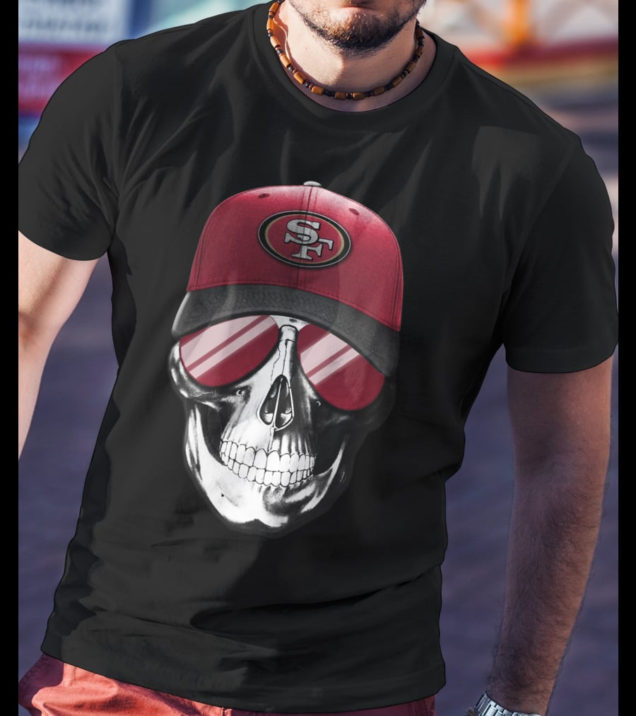Skull V7 San Francisco 49ers SF Logo Hat And Sunglasses T-Shirt