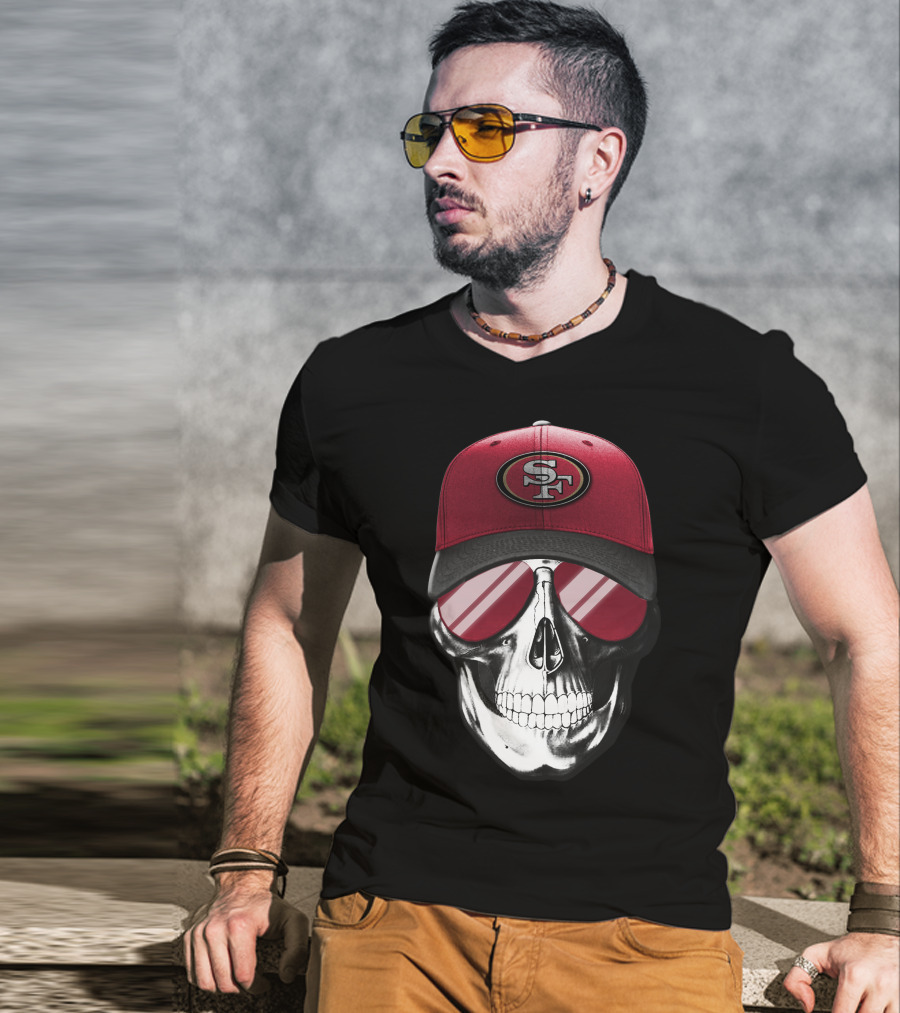 Skull V7 San Francisco 49ers SF Logo Hat And Sunglasses T-Shirt