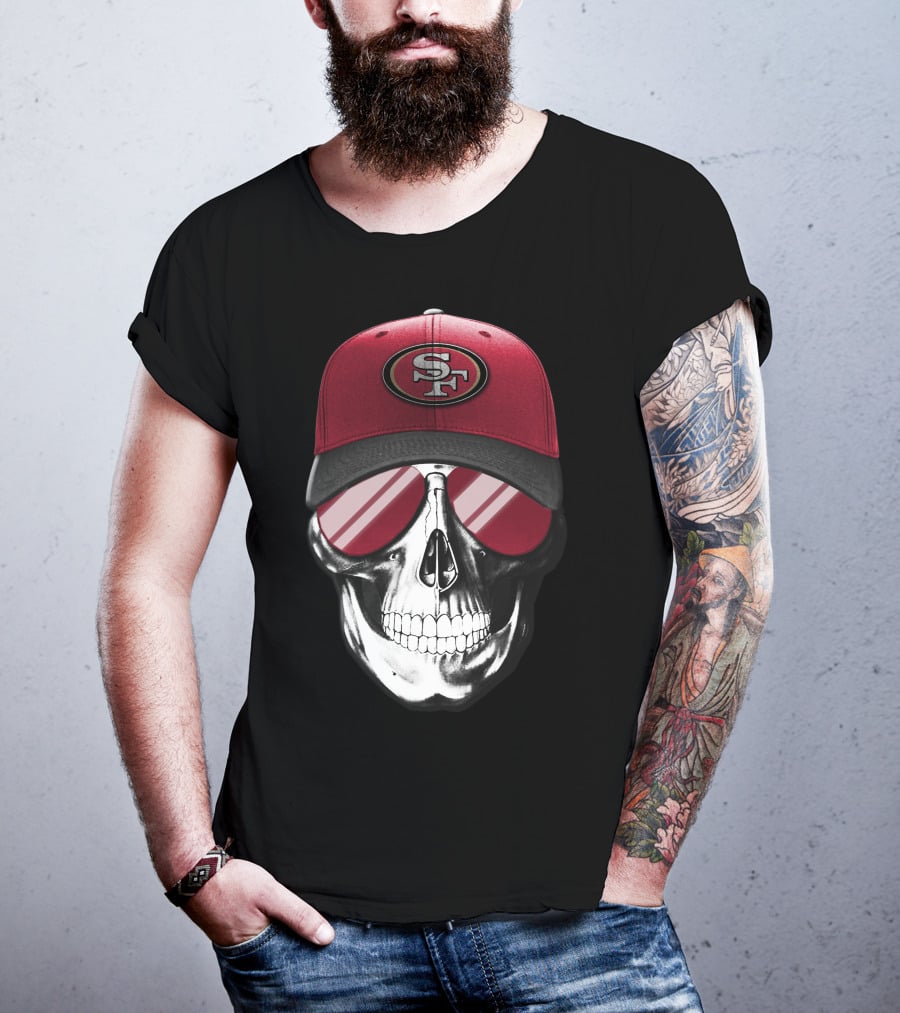 Skull V7 San Francisco 49ers SF Logo Hat And Sunglasses T-Shirt