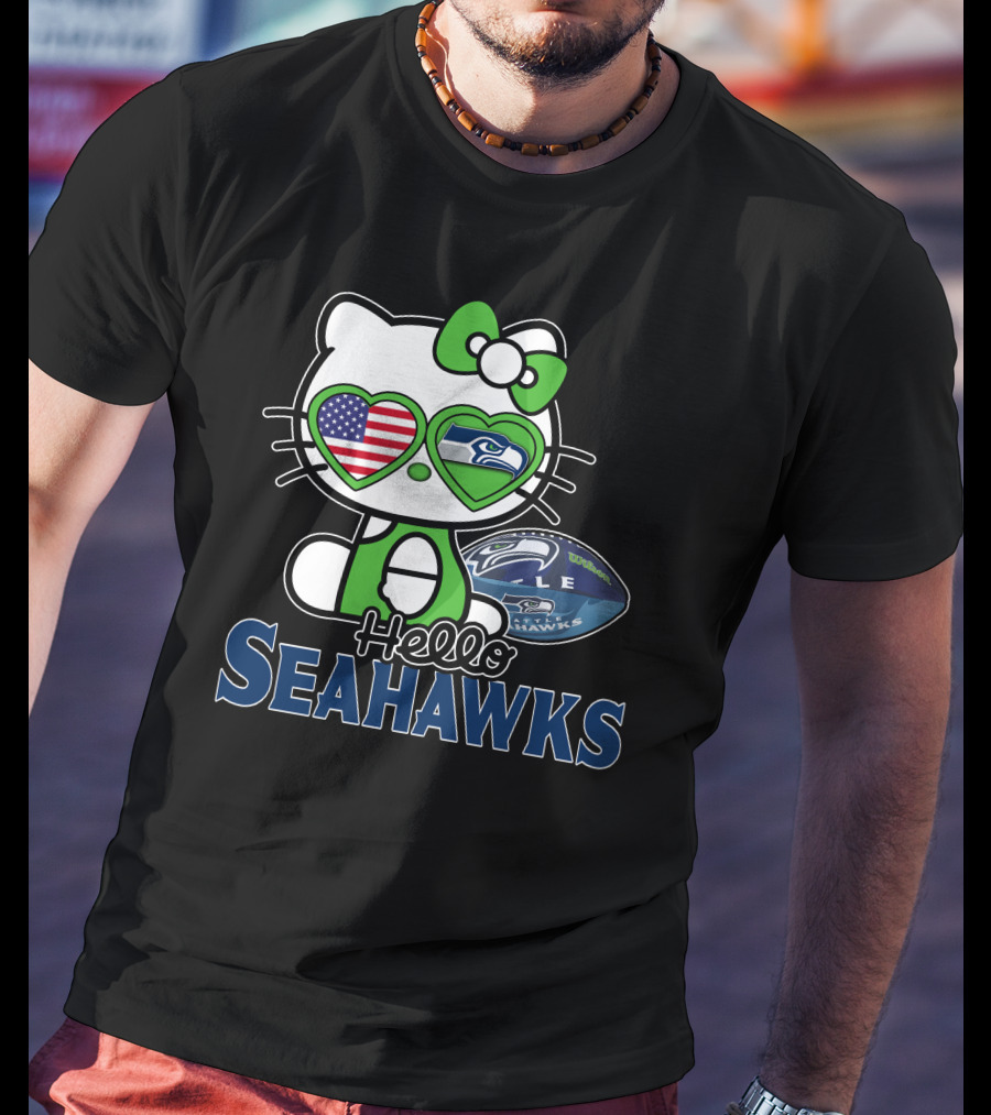 Hello Kitty Seahawks Football Fan USA Heart Glasses T-Shirt