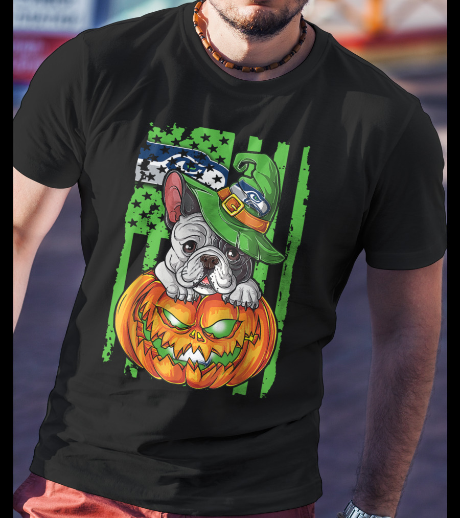 Hlw Bulldog Seattle Seahawks Halloween Pumpkin Wizard Hat T-Shirt