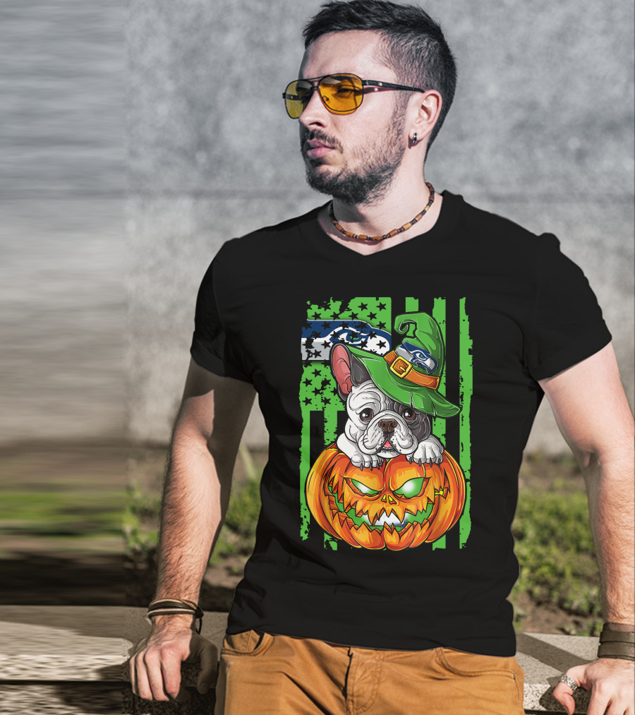 Hlw Bulldog Seattle Seahawks Halloween Pumpkin Wizard Hat T-Shirt