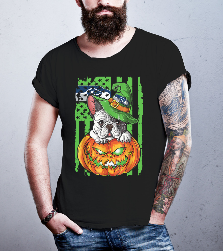 Hlw Bulldog Seattle Seahawks Halloween Pumpkin Wizard Hat T-Shirt