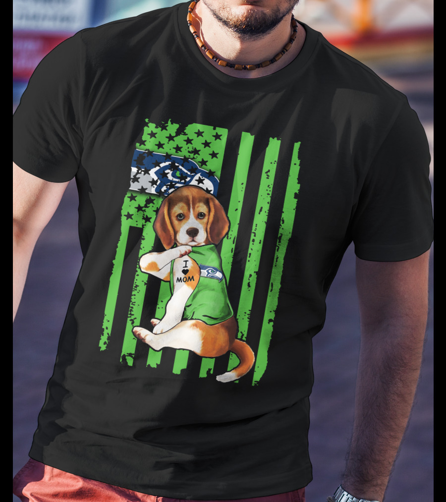 Seattle Seahawks Beagle With I Love Mom Tattoo T-Shirt