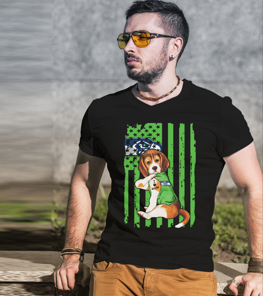 Seattle Seahawks Beagle With I Love Mom Tattoo T-Shirt