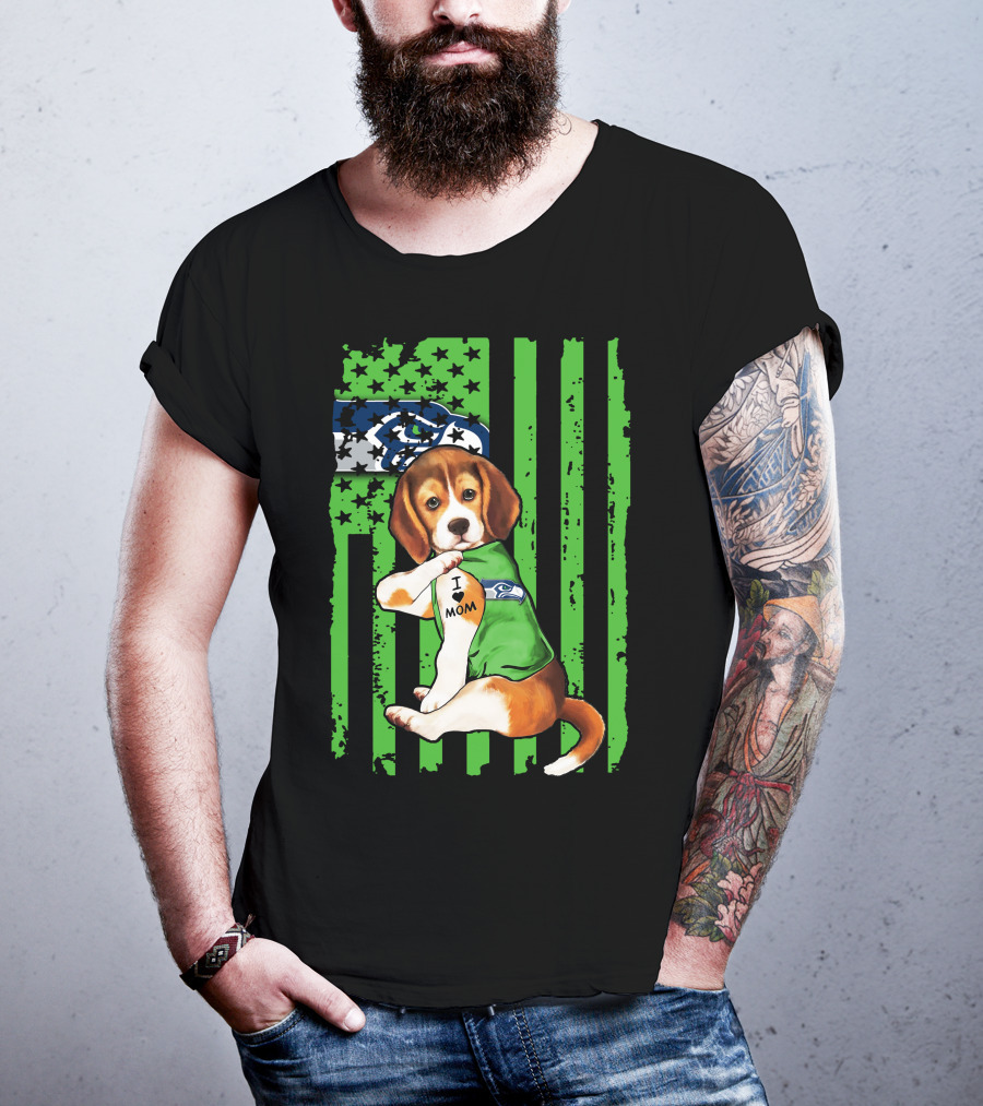 Seattle Seahawks Beagle With I Love Mom Tattoo T-Shirt