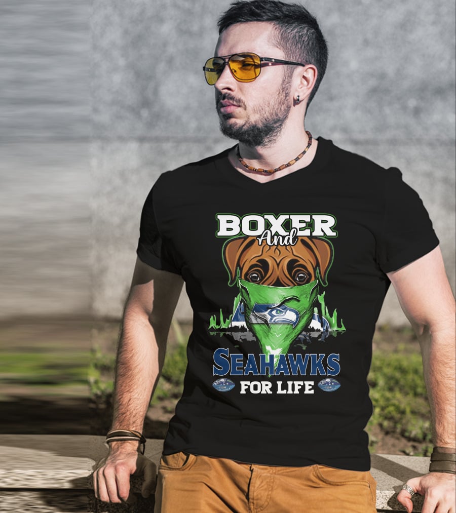 Boxer And Seahawks For Life Seahawks Mask Green Blue Dog Fan T-Shirt