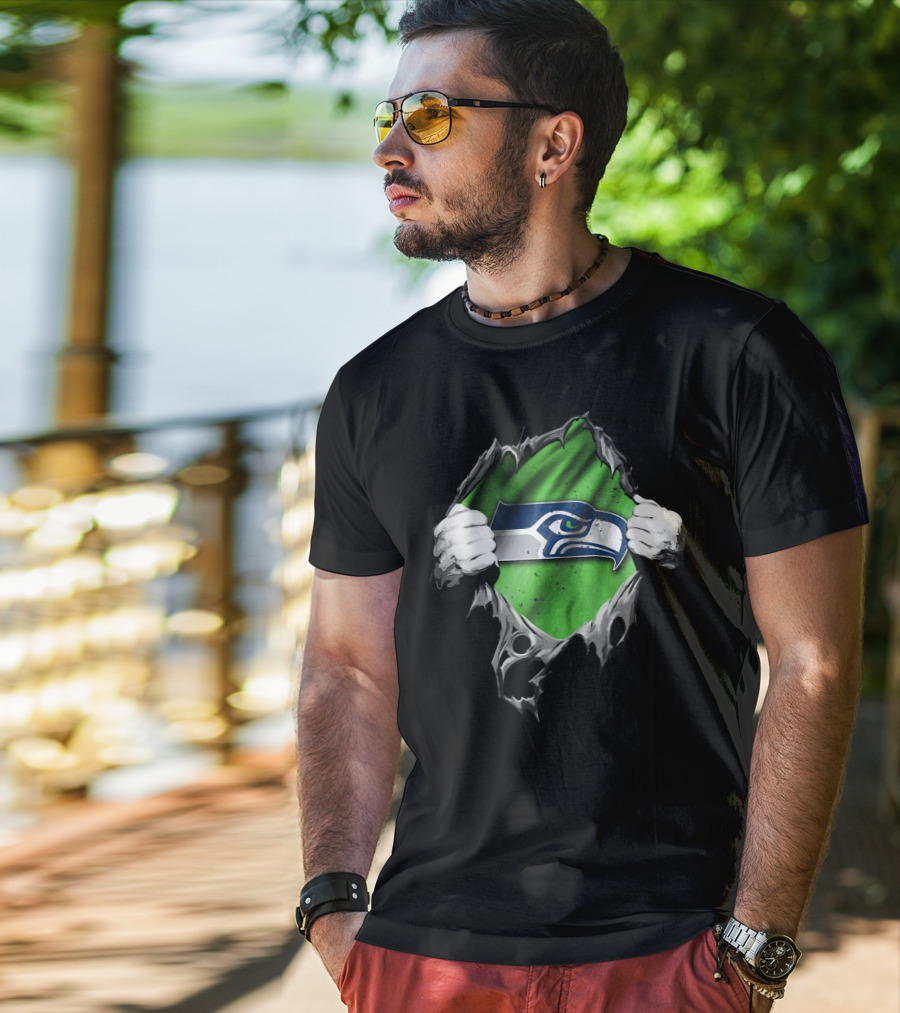 Seattle Seahawks Torn V2 Logo Peeking Through Ripped Fabric T-Shirt