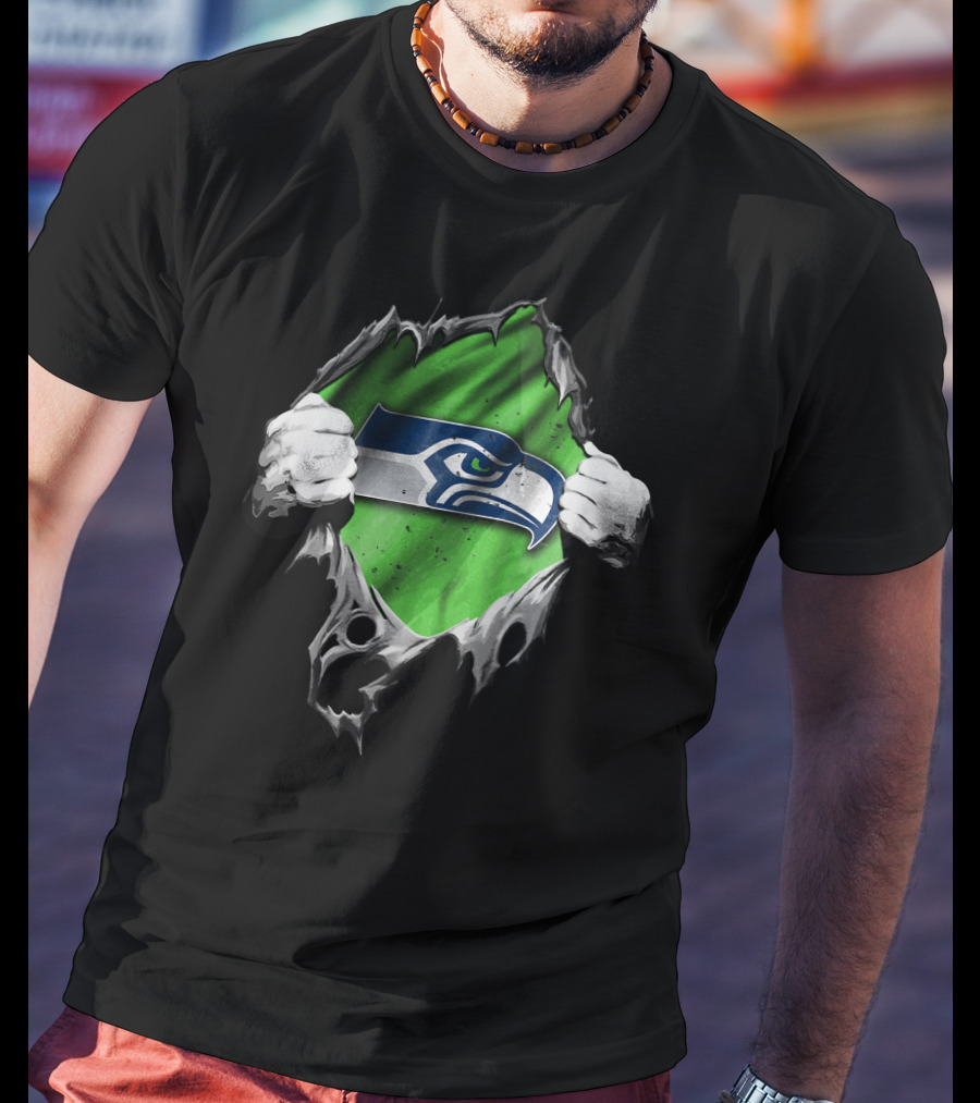 Seattle Seahawks Torn V2 Logo Peeking Through Ripped Fabric T-Shirt