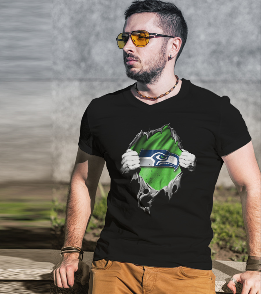 Seattle Seahawks Torn V2 Logo Peeking Through Ripped Fabric T-Shirt