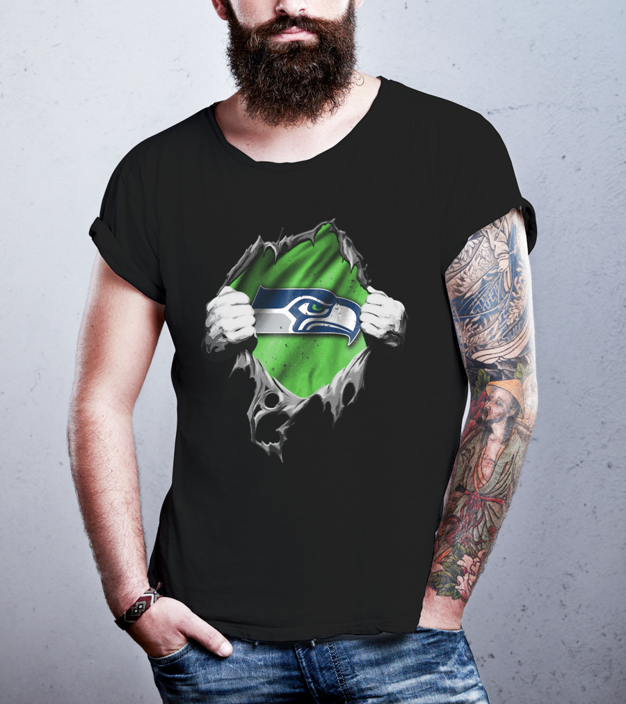 Seattle Seahawks Torn V2 Logo Peeking Through Ripped Fabric T-Shirt