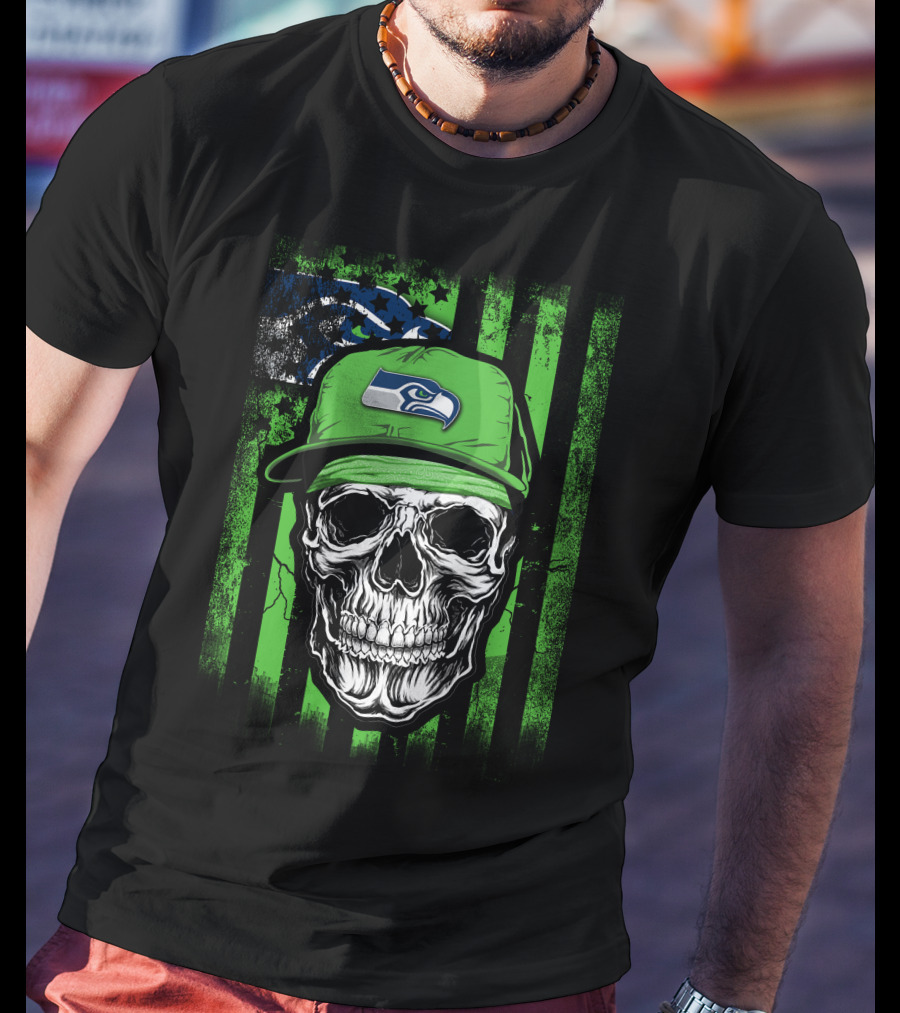 Skull In Seattle Seahawks Cap With Green Stripes And Team T-Shirt