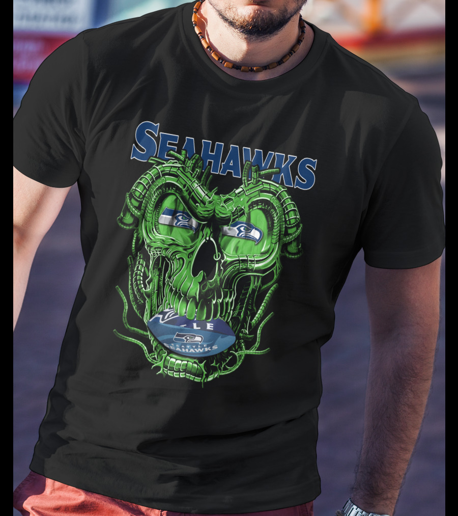 Dragonskull Seahawks Green Skull Design With Seattle Seahawks T-Shirt