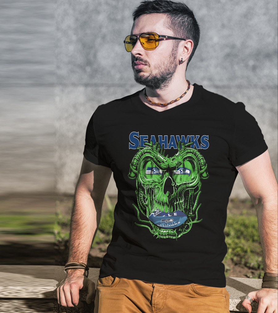 Dragonskull Seahawks Green Skull Design With Seattle Seahawks T-Shirt