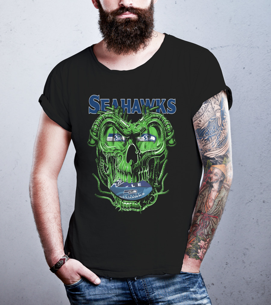 Dragonskull Seahawks Green Skull Design With Seattle Seahawks T-Shirt
