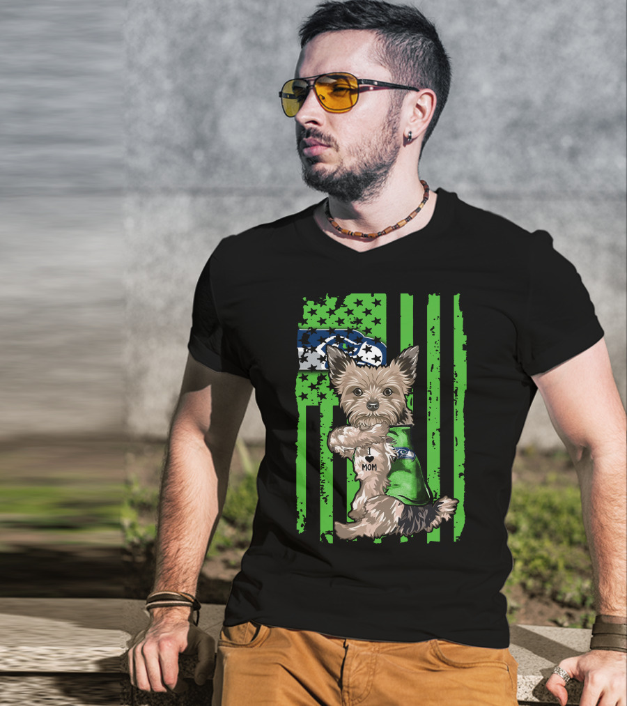 Yorkshire Terrier I Love Mom Seattle Seahawks Flag T-Shirt