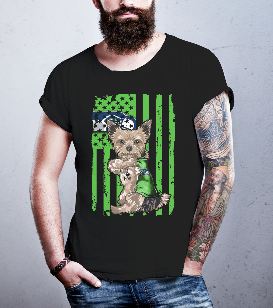Yorkshire Terrier I Love Mom Seattle Seahawks Flag T-Shirt