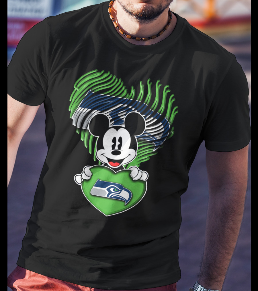 Mickey Mouse Heart Green With Seattle Seahawks T-Shirt